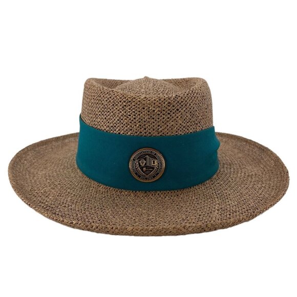TBS Accessories - Vintage Straw Panama Boater Hat With Teal Band & Wardens Association Of America